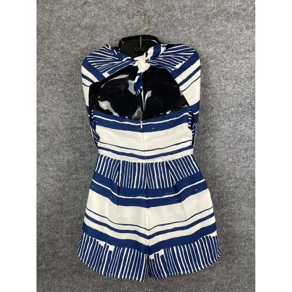 Lulus Romper Women's XS Blue White Striped V-Neck Open Back Tie Detail - Picture 5 of 11